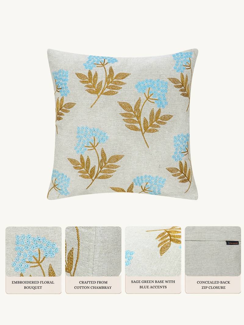  green floral embroidered cotton cushion cover (16"x16")