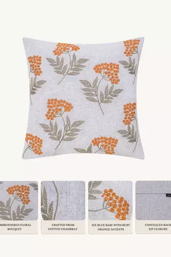  ice blue floral embroidered cotton cushion cover (16"x16")