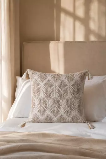  off white botanical embroidered acrylic cushion cover (16"x16")