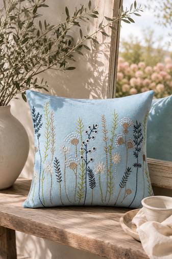  sky blue floral embroidered cotton cushion cover (16"x16")