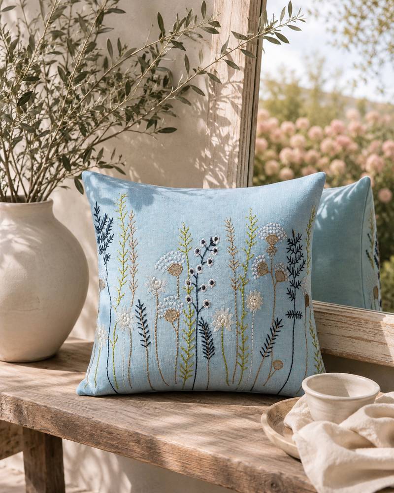  sky blue floral embroidered cotton cushion cover (16"x16")