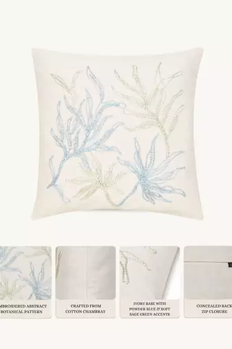  off white botanical embroidered cotton cushion cover (16"x16")