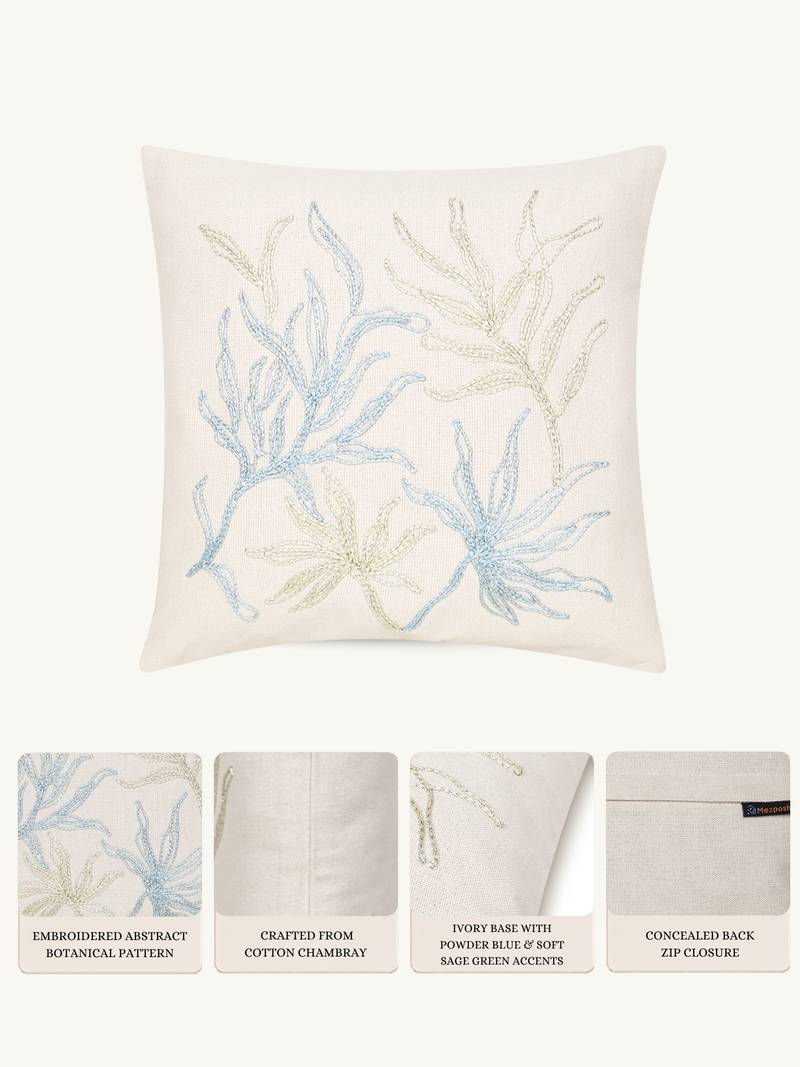  off white botanical embroidered cotton cushion cover (16"x16")