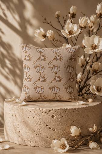  beige floral embroidered cotton cushion cover (16"x16")