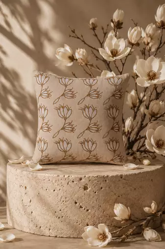  beige floral embroidered cotton cushion cover (16"x16")