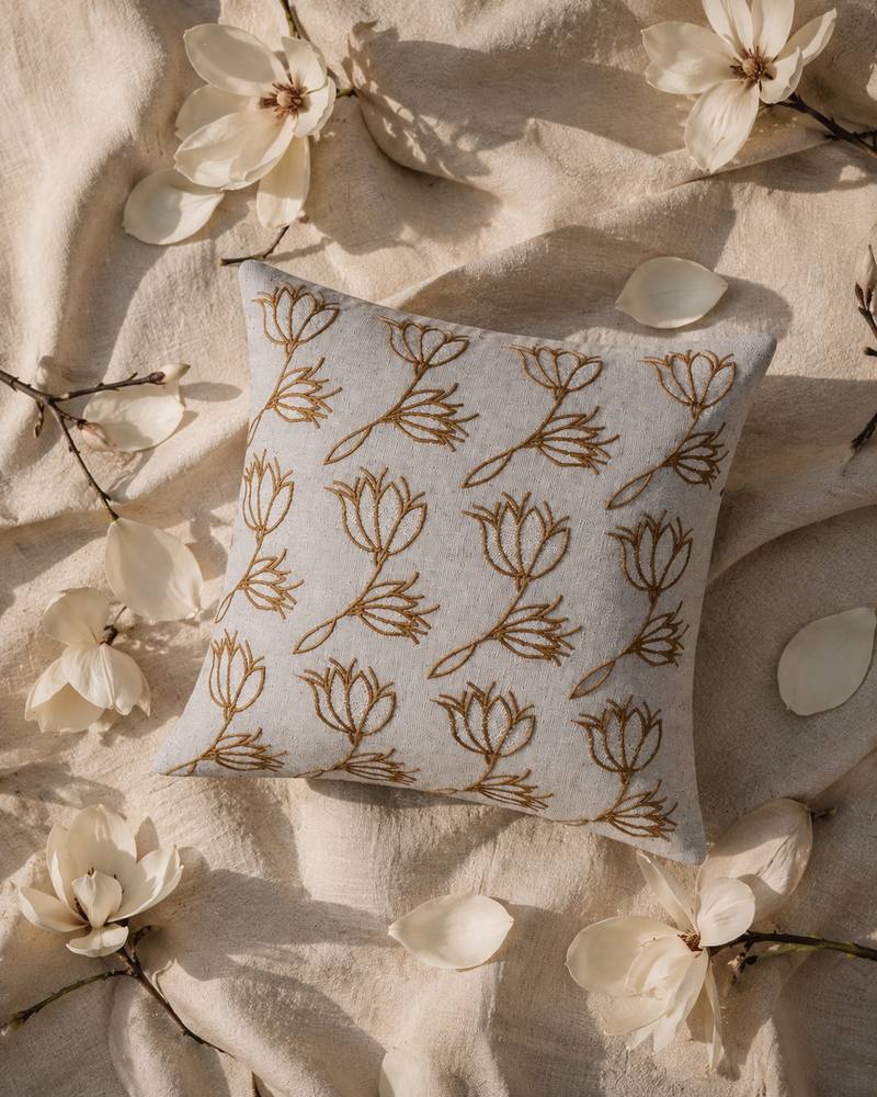  ice blue floral embroidered cotton cushion cover (16"x16")