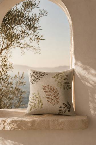 sage green botanical embroidered cotton cushion cover (16"x16")