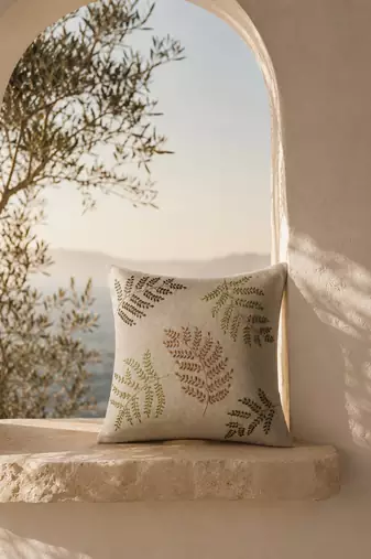  sage green botanical embroidered cotton cushion cover (16"x16")