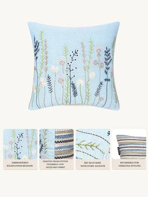  sky blue floral embroidered cotton cushion cover (16"x16") 2