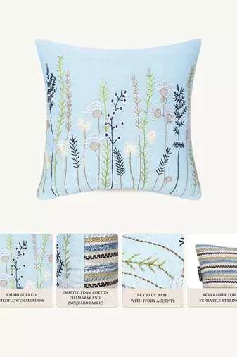  sky blue floral embroidered cotton cushion cover (16"x16")