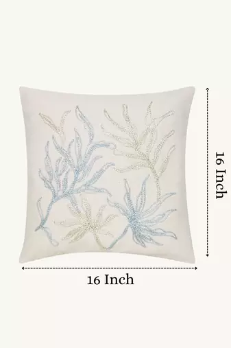  off white botanical embroidered cotton cushion cover (16"x16")