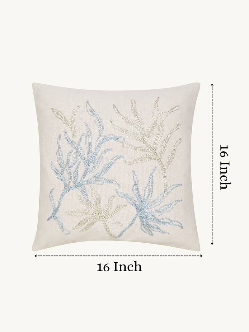  off white botanical embroidered cotton cushion cover (16"x16")