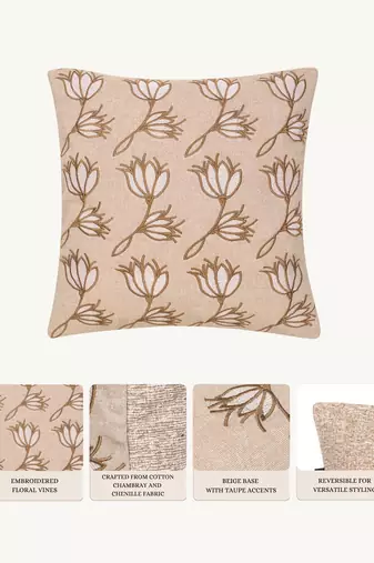  beige floral embroidered cotton cushion cover (16"x16")