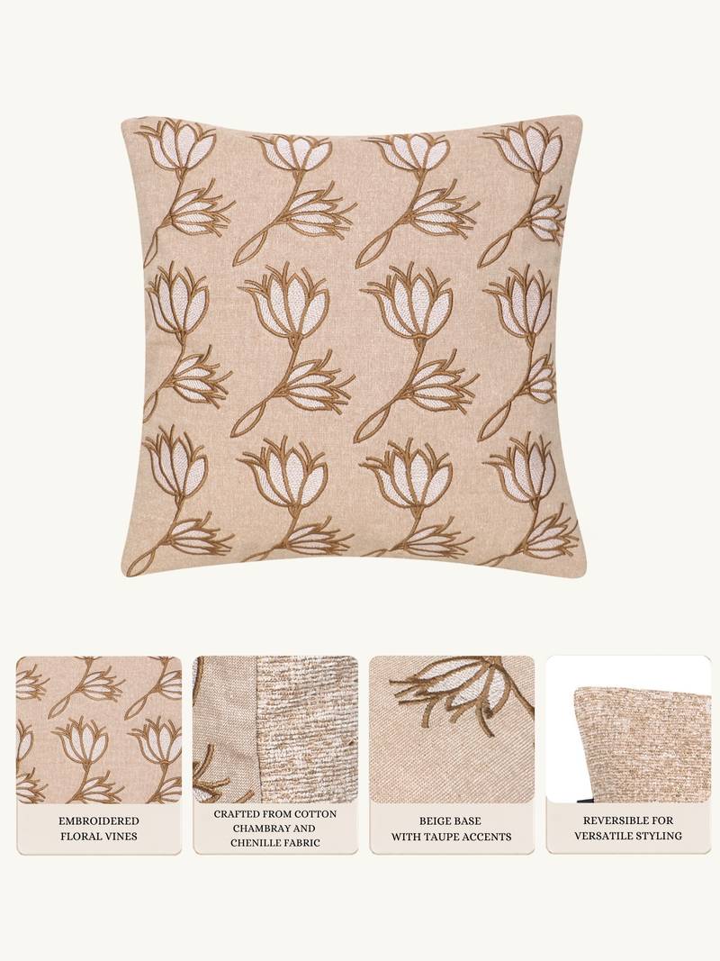 beige floral embroidered cotton cushion cover (16"x16")