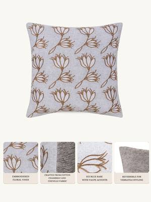  ice blue floral embroidered cotton cushion cover (16"x16") 2