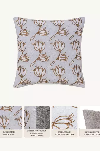 ice blue floral embroidered cotton cushion cover (16"x16")