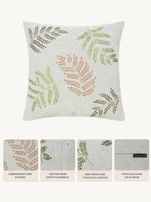  sage green botanical embroidered cotton cushion cover (16"x16") 2