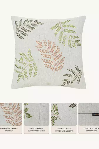  sage green botanical embroidered cotton cushion cover (16"x16")