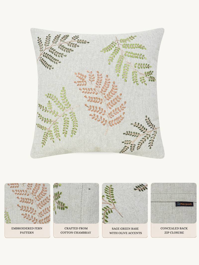  sage green botanical embroidered cotton cushion cover (16"x16")