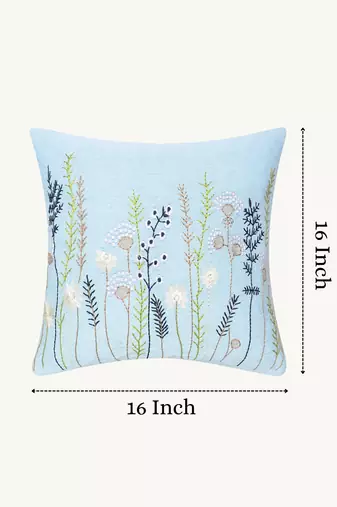 sky blue floral embroidered cotton cushion cover (16"x16")