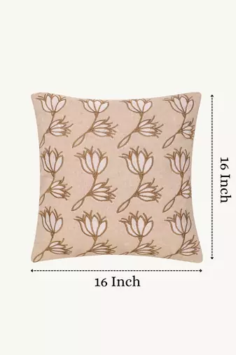  beige floral embroidered cotton cushion cover (16"x16")
