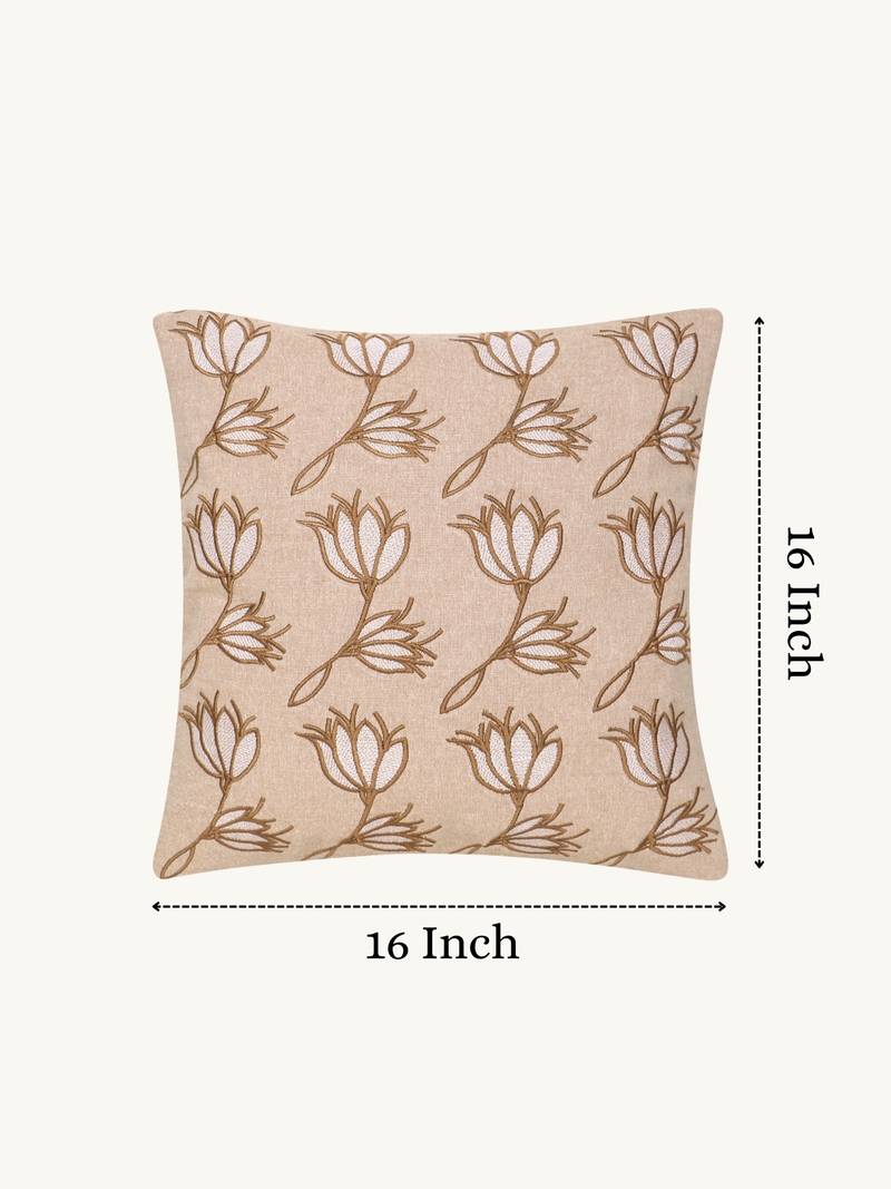  beige floral embroidered cotton cushion cover (16"x16")