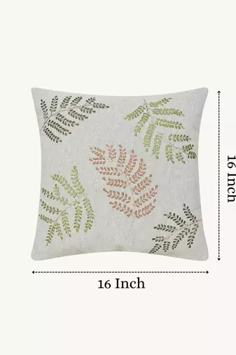  sage green botanical embroidered cotton cushion cover (16"x16")
