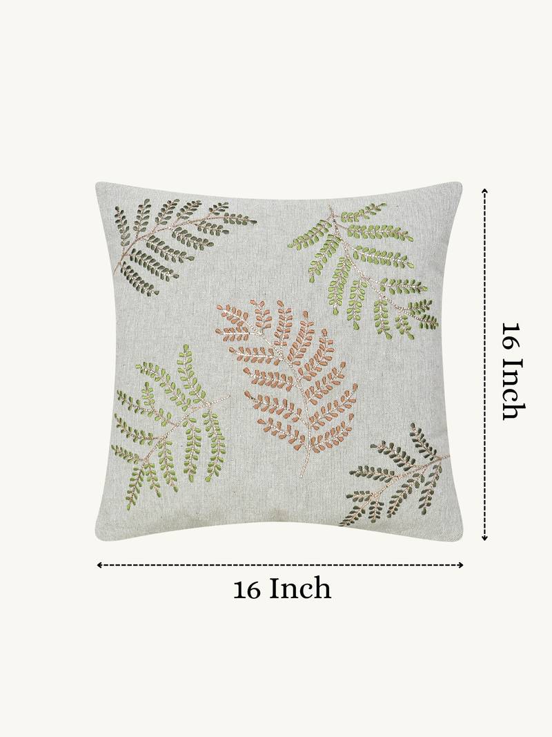  sage green botanical embroidered cotton cushion cover (16"x16")