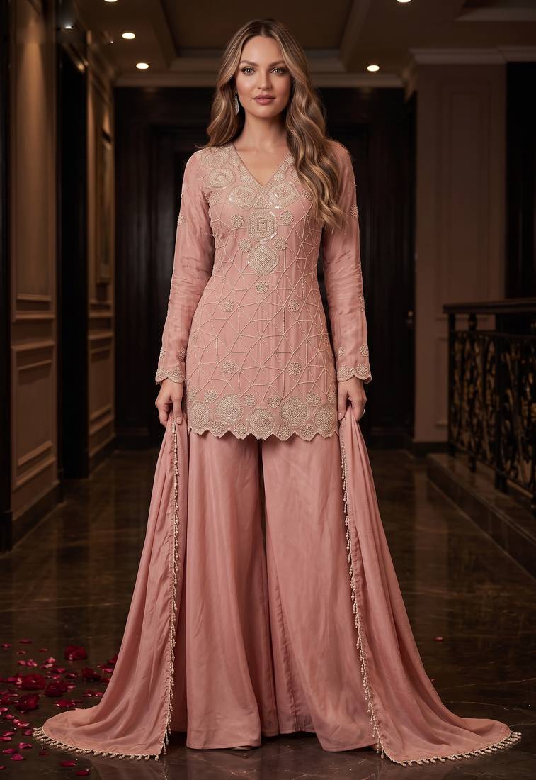 Rose premium chinon beads work sharara suit set