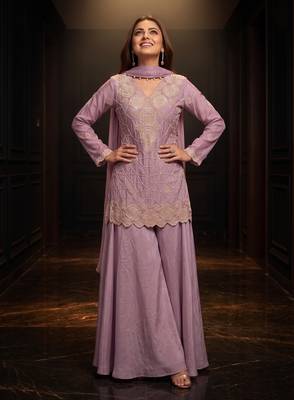 Lavender premium chinon beads work sharara suit set 1