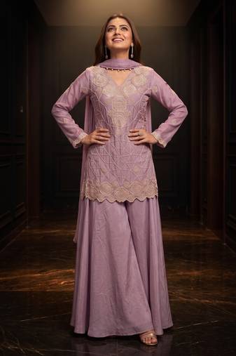 Lavender premium chinon beads work sharara suit set