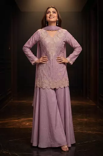 Lavender premium chinon beads work sharara suit set