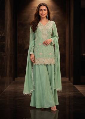 Sea green premium chinon beads work sharara suit set 1