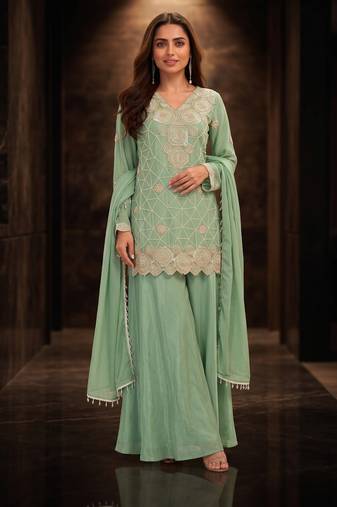 Sea green premium chinon beads work sharara suit set