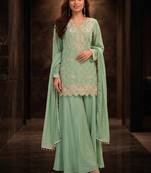 Sea green premium chinon beads work sharara suit set