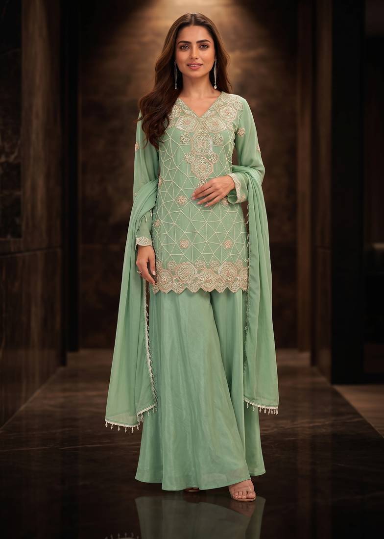 Sea green premium chinon beads work sharara suit set