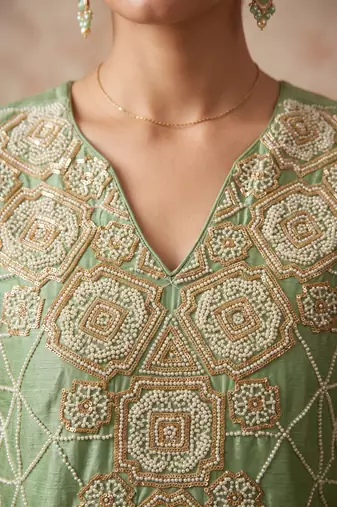 Sea green premium chinon beads work sharara suit set