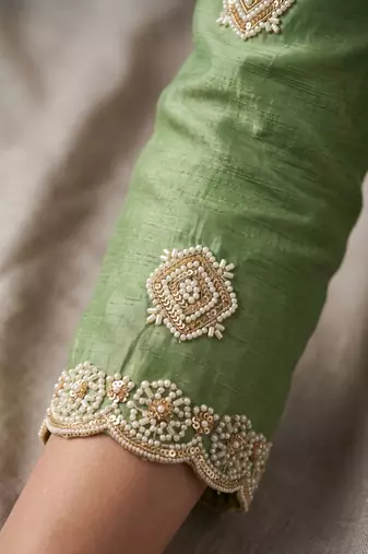 Sea green premium chinon beads work sharara suit set