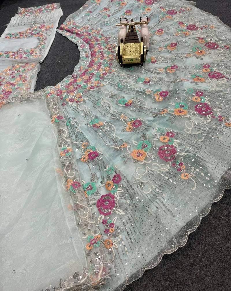 SKY EMBROIDERED ORGANZA NEW LEHENGA CHOLI WITH DUPATTA