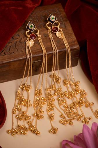 Designer Gold Plated Long Tassel Earrings for Women | Ethnic Party Wear Statement Earrings