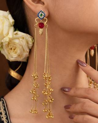 Designer Gold Plated Long Tassel Earrings for Women | Ethnic Party Wear Statement Earrings 2