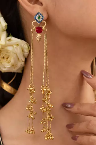 Designer Gold Plated Long Tassel Earrings for Women | Ethnic Party Wear Statement Earrings