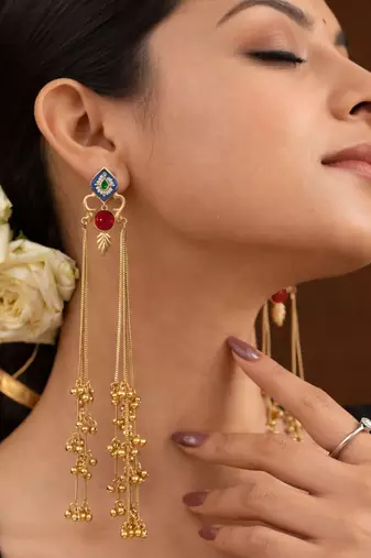 Designer Gold Plated Long Tassel Earrings for Women | Ethnic Party Wear Statement Earrings