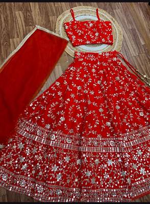 RED EMBROIDERED GEORGETTE FLAIRED LEHENGA CHOLI WITH DUPATTA 5