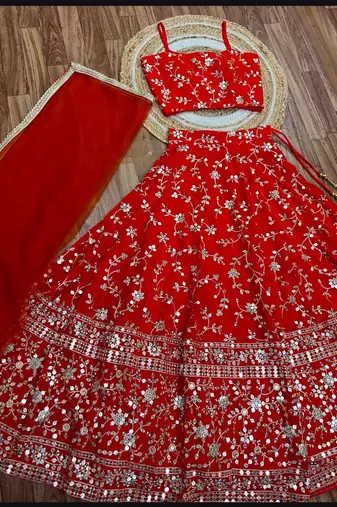 RED EMBROIDERED GEORGETTE FLAIRED LEHENGA CHOLI WITH DUPATTA