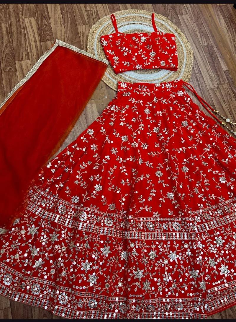 RED EMBROIDERED GEORGETTE FLAIRED LEHENGA CHOLI WITH DUPATTA