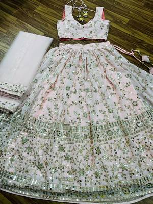 PEACH EMBROIDERED GEORGETTE FLAIRED LEHENGA CHOLI WITH DUPATTA 5