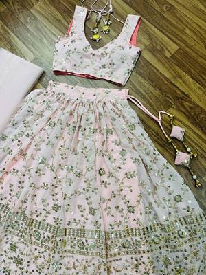 PEACH EMBROIDERED GEORGETTE FLAIRED LEHENGA CHOLI WITH DUPATTA 6