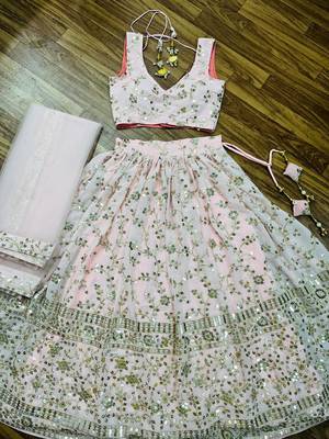 PEACH EMBROIDERED GEORGETTE FLAIRED LEHENGA CHOLI WITH DUPATTA 7