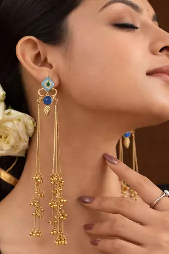 Designer Gold Plated Long Tassel Earrings for Women | Ethnic Party Wear Statement Earrings